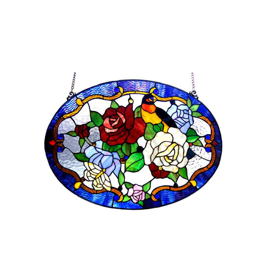 24 Inches Oval Floral Tiffany Glass Window Panel, Multicolor