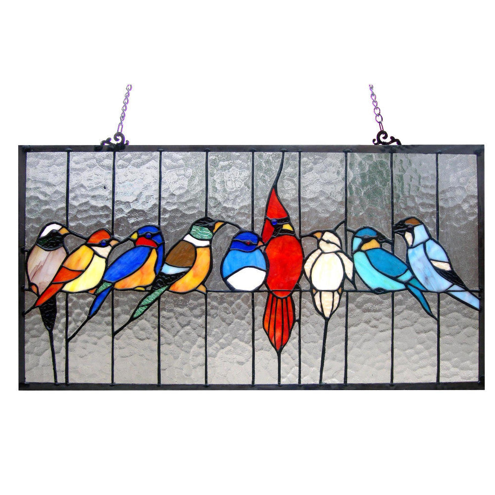24.5 Inches Rectangular Window Panel with Bird and Cage Design, Multicolor