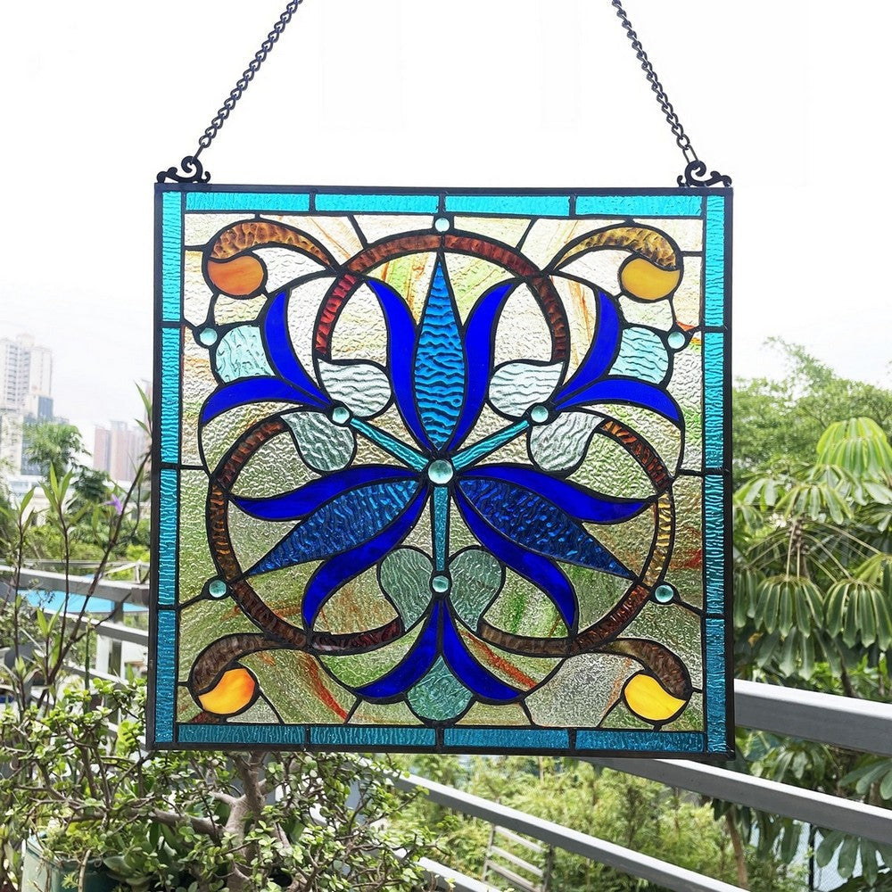 CHLOE Lighting BELL-FLOWER Victorian-Style Black Finish Stained Glass Window Panel 16’’ Tall CHL-CH1P641BV16-SQR