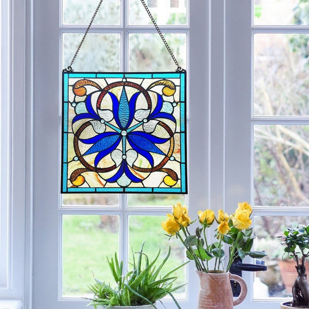CHLOE Lighting BELL-FLOWER Victorian-Style Black Finish Stained Glass Window Panel 16’’ Tall CHL-CH1P641BV16-SQR