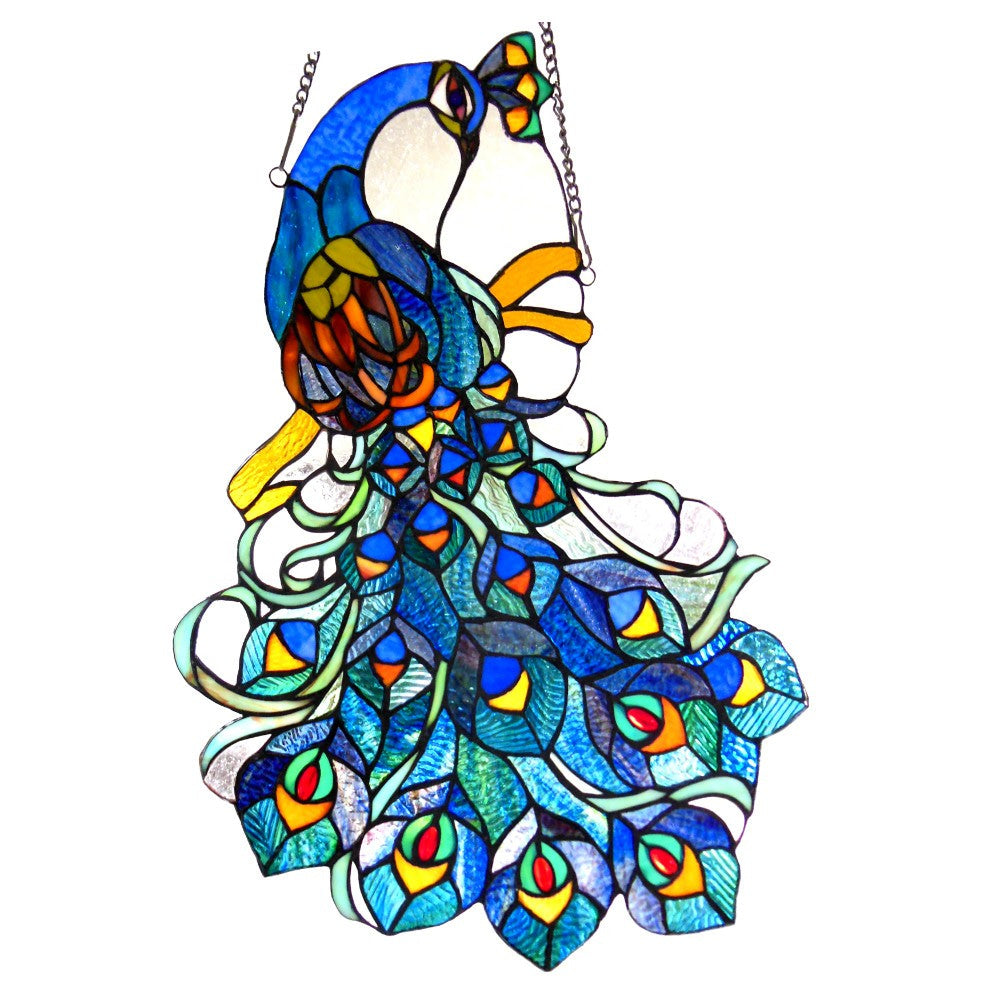 CHLOE Lighting GLORY Tiffany-glass Peacock Window Panel 17x25
