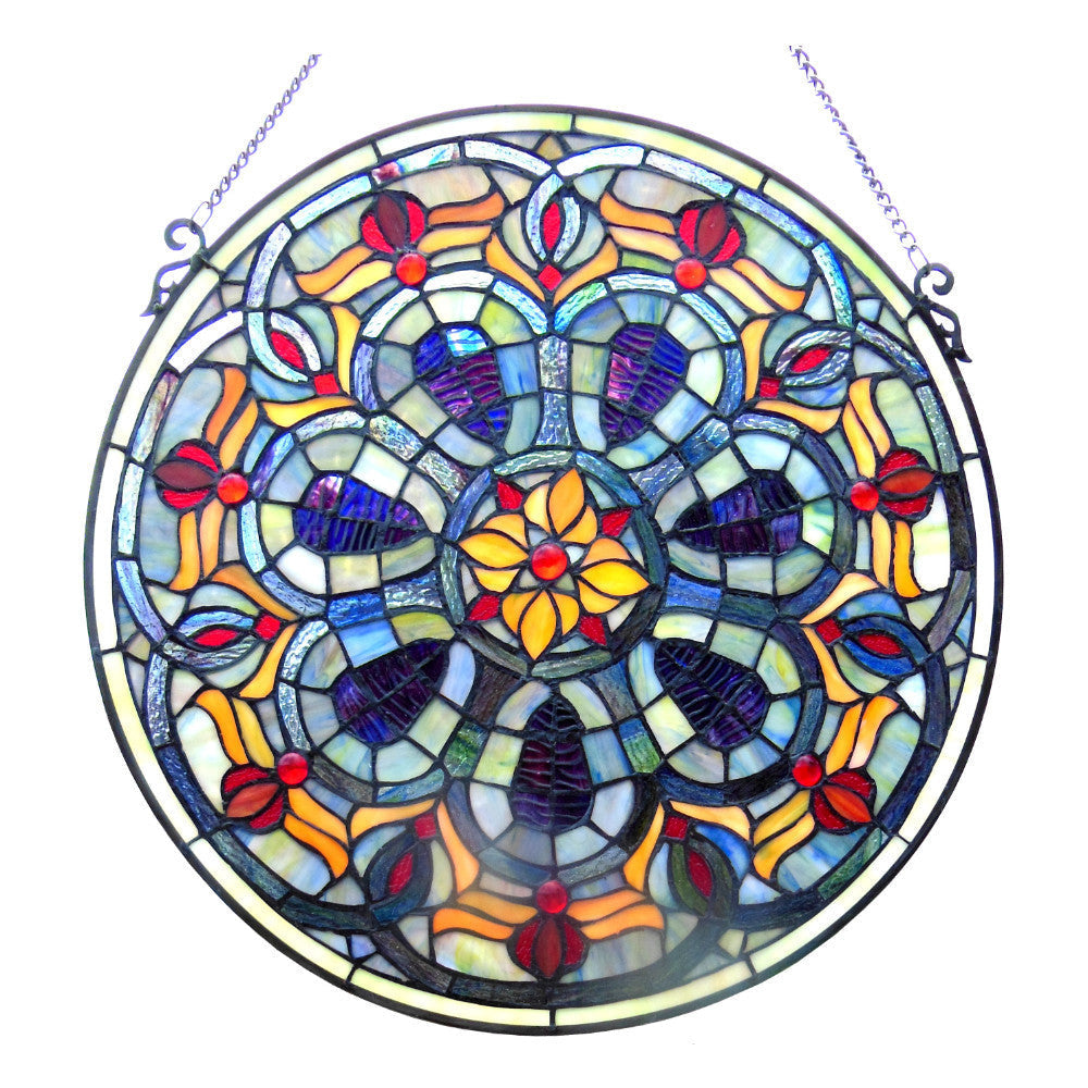 Round Shape Metal Window Glass Panel with Hanging Chain, Multicolor