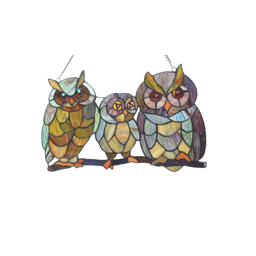 20 Inch Glass Window Panel with Owl Family Design, Multicolor