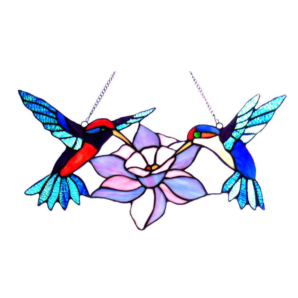 18 Inch Glass Window Panel with Hummingbird Design, Multicolor