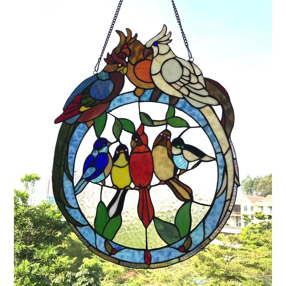 Lighting SONGBIRD Tiffany-glass featuring Birds Resting on Wire Window Panel 19x25 CHL-CH1P986RA19-GPN