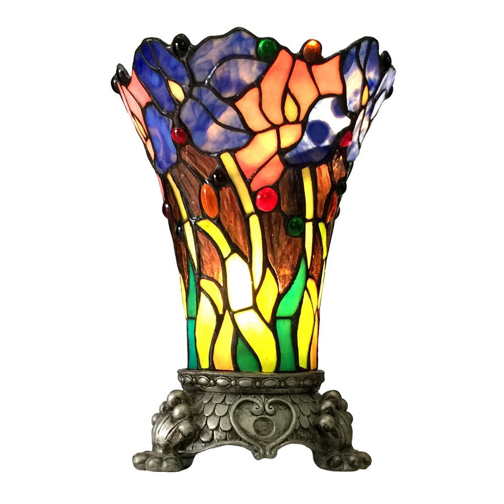 Lighting BROOK Floral 1 Light Antique Brass Table Lamp 11" Tall Shade