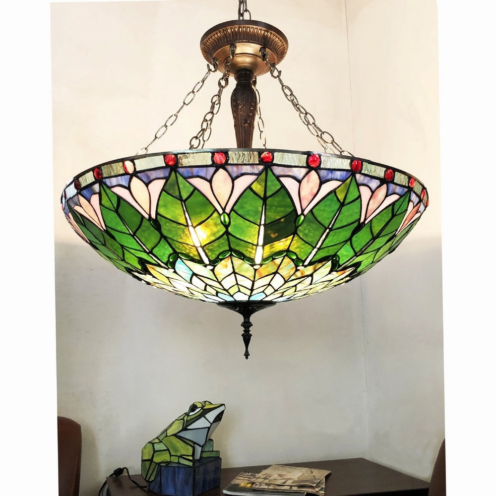 CHLOE Lighting LOTUS Tiffany-Style Geometric Stained Glass Inverted Ceiling Pendant 28’’ Width CHL-CH1T892GG28-UP3