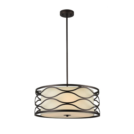 20 Inches Fabric Wrapped Ceiling Pendant with Scrolled Metal Frame, Bronze