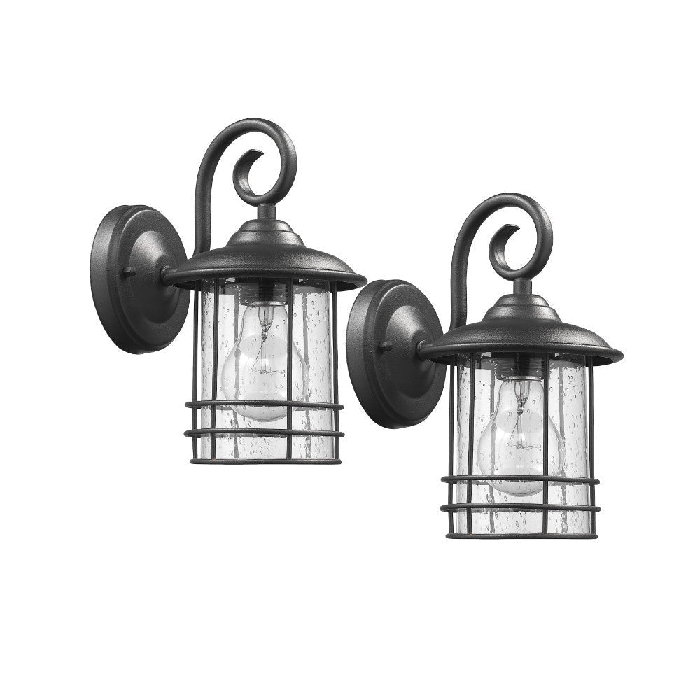Metal Frame Wall Sconce with Seeded Glass Shade, Set of 2, Black and Clear
