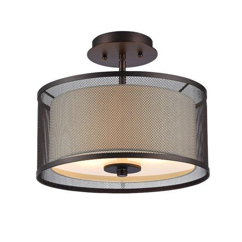 13 Inches 2 Bulb Ceiling Fixture with Mesh Shade and Glass Diffuser, Bronze