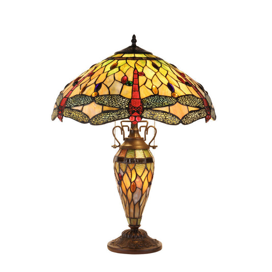 ANISOPTERA PURITY Tiffany-style Dragonfly 3 Light Double Lit Table Lamp 19"Shade
