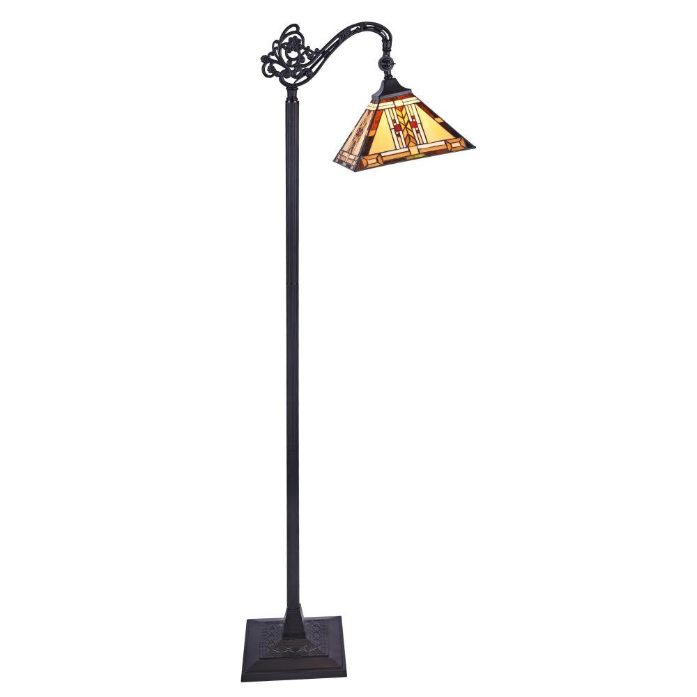 Engraved Metal Floor Lamp with Tapered Glass Shade, Bronze