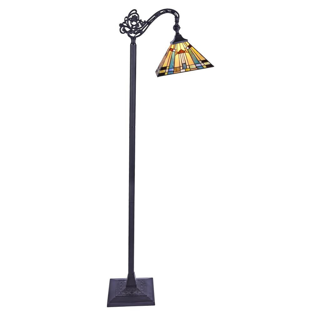 Engraved Metal Floor Lamp with Hand Cut Glass Shade, Bronze