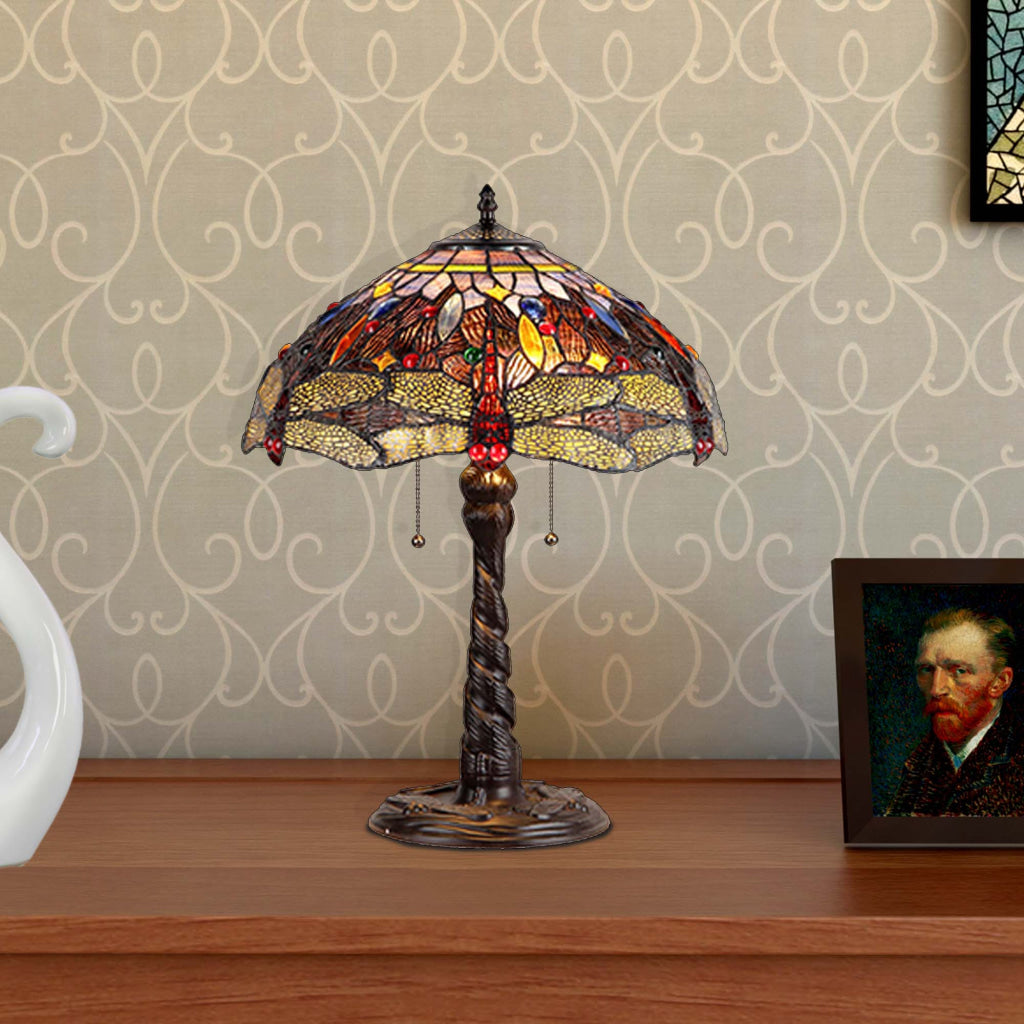 CHLOE Lighting DRAGAN Tiffany-style 2 Light Dragonfly Table Lamp 16" Shade