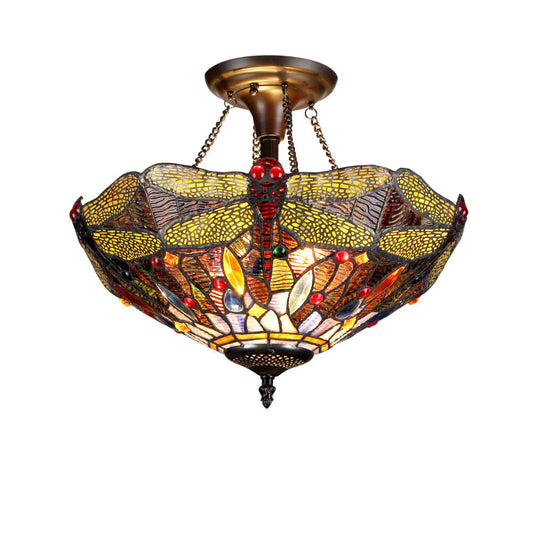 DRAGAN Tiffany-style 2 Light Dragonfly Semi-flush Ceiling Fixture 16" Shade