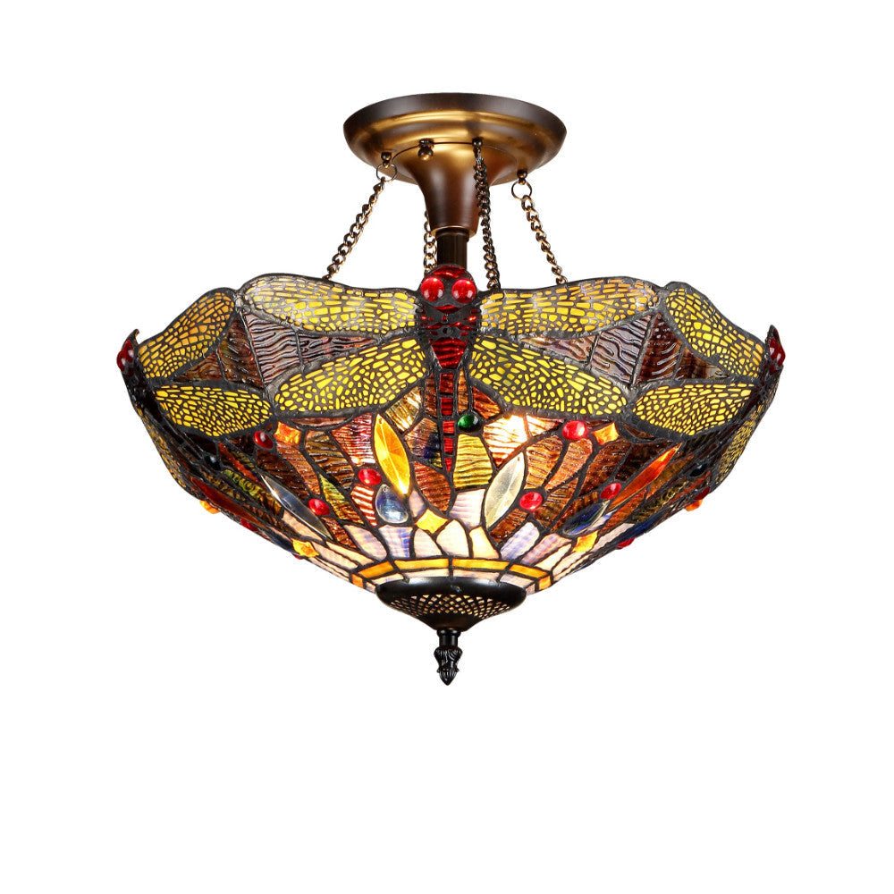 DRAGAN Tiffany-style 2 Light Dragonfly Semi-flush Ceiling Fixture 16" Shade