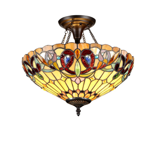 SERENITY Tiffany-style 2 Light Victorian Semi-flush Ceiling Fixture 16" Shade