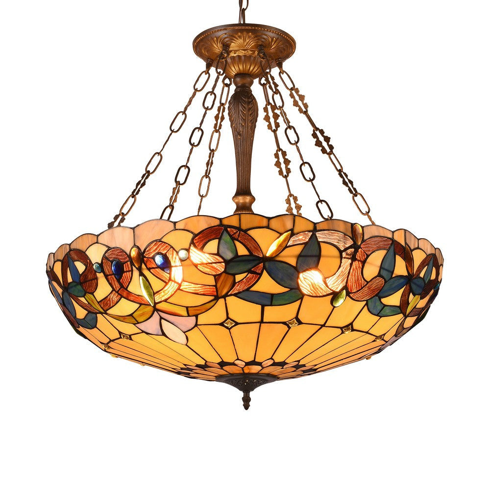 Metal 4 Light Inverted Ceiling Pendant with Tiffany Glass Shade Multicolor CHL-CH33353VR28-UP4