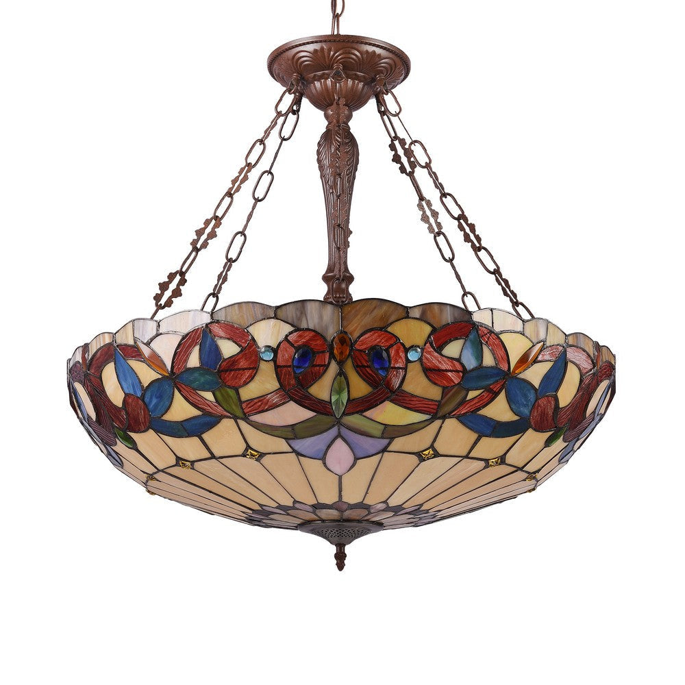 Metal 4 Light Inverted Ceiling Pendant with Tiffany Glass Shade Multicolor CHL-CH33353VR28-UP4