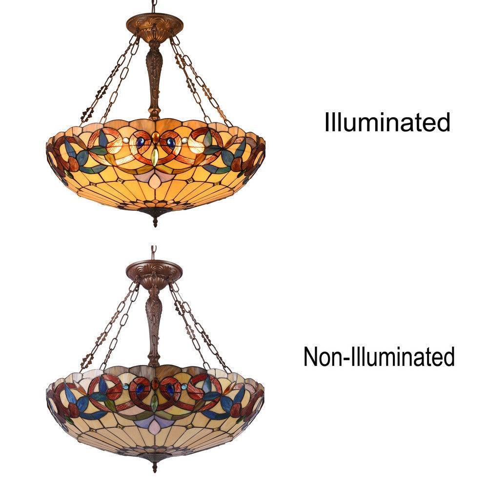 Metal 4 Light Inverted Ceiling Pendant with Tiffany Glass Shade Multicolor CHL-CH33353VR28-UP4