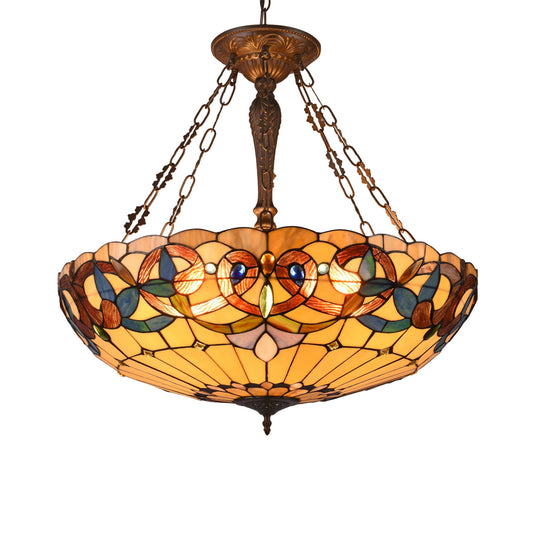 Metal 4 Light Inverted Ceiling Pendant with Tiffany Glass Shade, Multicolor