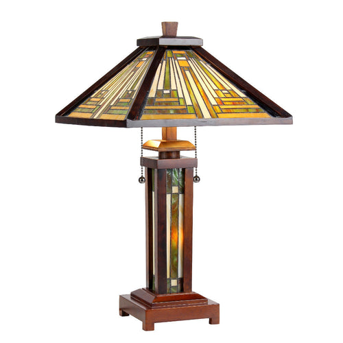 15 Inch Wooden Frame Table Lamp with Tiffany Style Glass Shade, Multicolor