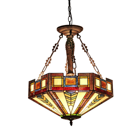 Tiffany Ceiling Fixture with Geometric Inverted Glass Shade, Multicolor