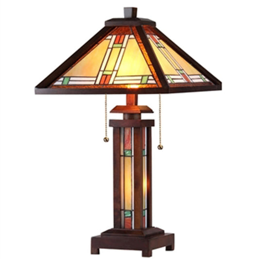 AARON Tiffany-style 3 Light Mission Double Lit Wooden Table Lamp 15" Shade