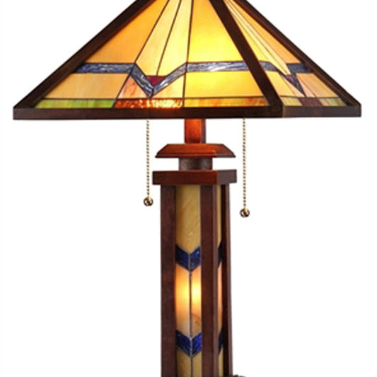 ALEXANDER Tiffany-style 3 Light Mission Double Lit Wooden Table Lamp 15" Shade