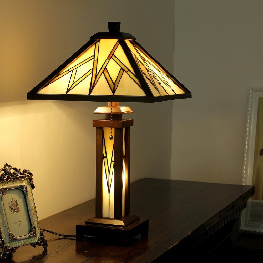Tiffany Style Double Lit Table Lamp with Hand Cut Geometric Design, Brown