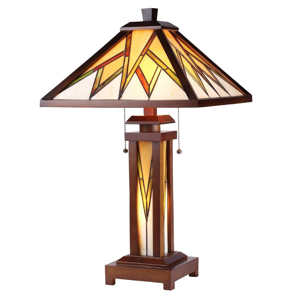 Tiffany Style Double Lit Table Lamp with Hand Cut Geometric Design, Brown