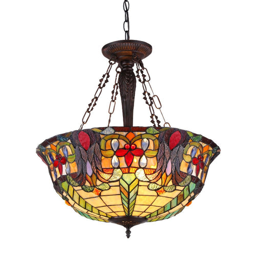 3 Light Tiffany Inverted Ceiling Pendant Fixture, Multicolor