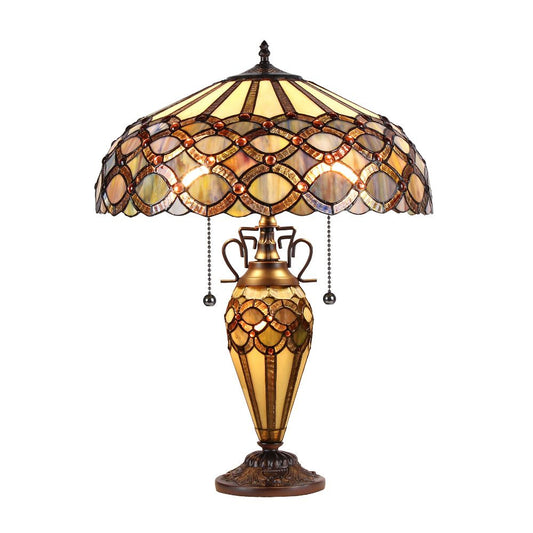 3 Bulb Metal and Glass Tiffany Table lamp, Multicolor