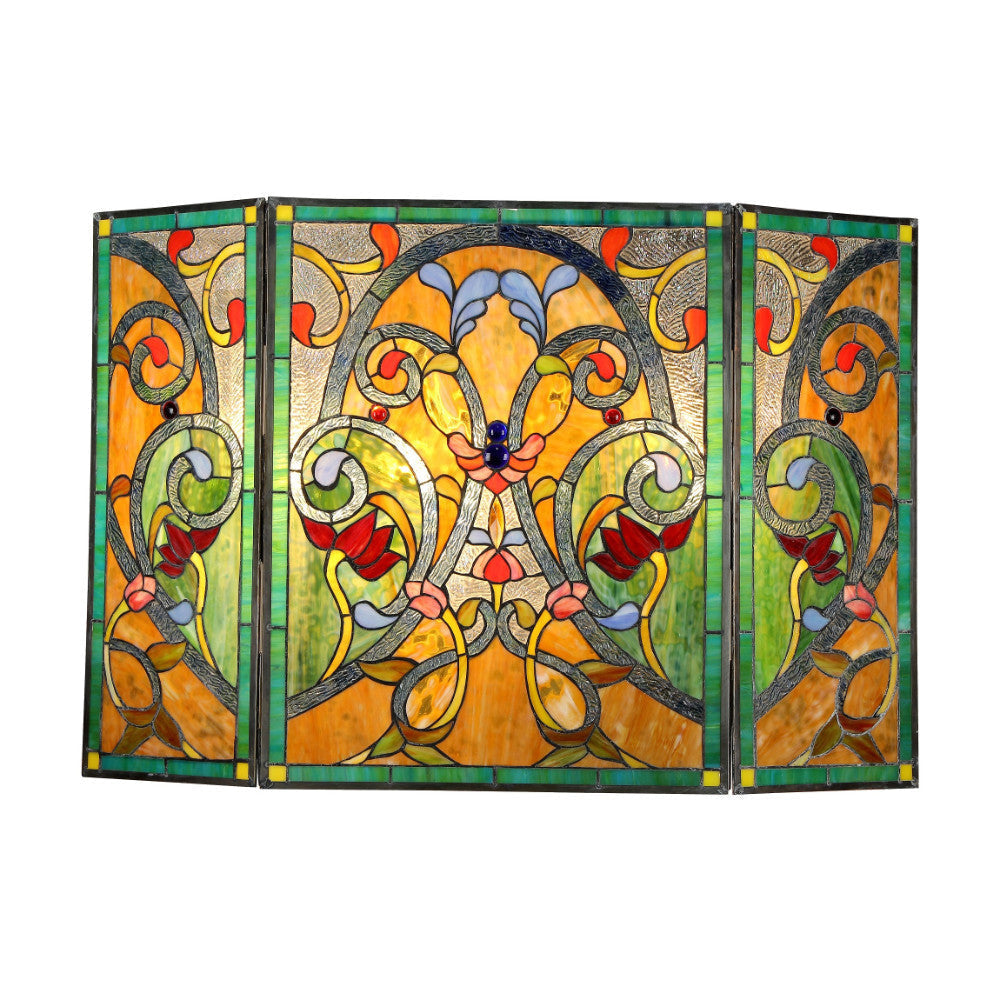 3 Panel Scrolled Design Folding Fireplace Screen, Multicolor