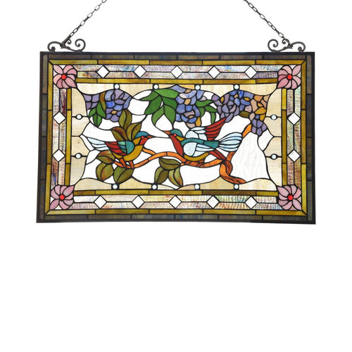 Lighting GREETING BIRDS Tiffany-style Animal Design Window Panel 32" x 21"