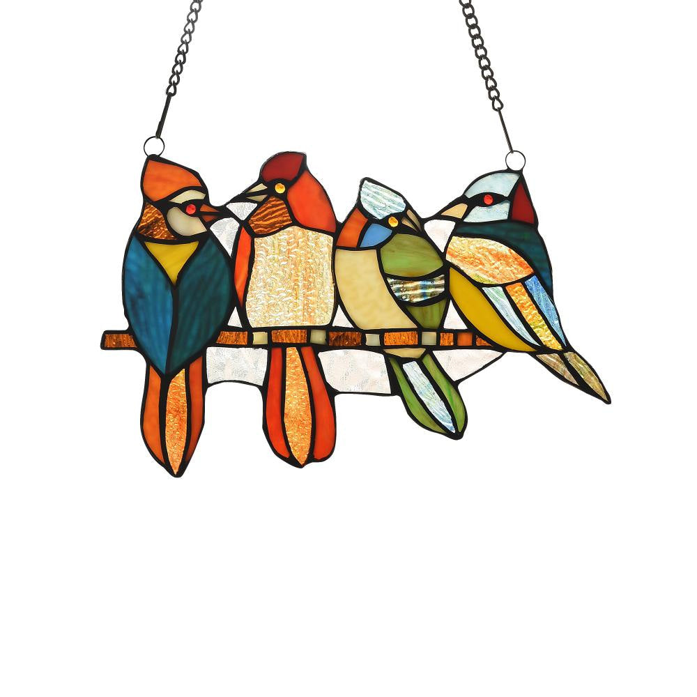 Lighting CARDINAL FAMILY Tiffany-style Animal Design Window Panel 14" x 9"