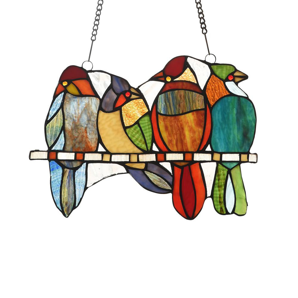Lighting CARDINAL FAMILY Tiffany-style Animal Design Window Panel 13" x 9"
