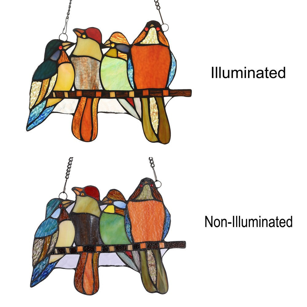 Lighting PERCHED BIRDS Tiffany-style Animal Design Window Panel 12’’ x 9’’ CHL-CH3P217OA12-GPN