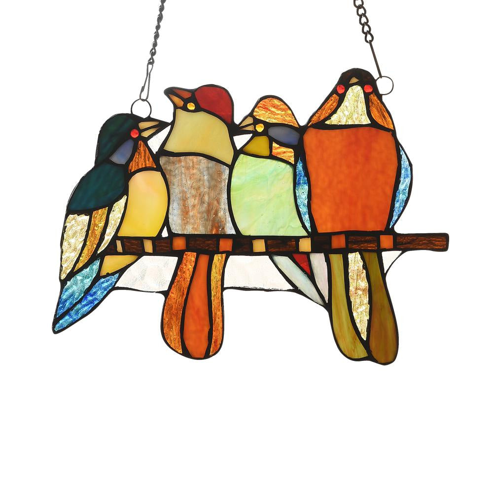 Lighting PERCHED BIRDS Tiffany-style Animal Design Window Panel 12" x 9"