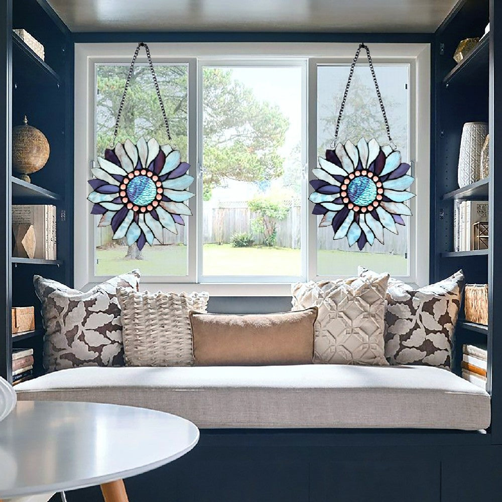 CHLOE Lighting SUNDANCE Tiffany-style Floral Stained Glass Window Panel 11’’ Height CHL-CH3P223BF11-RND