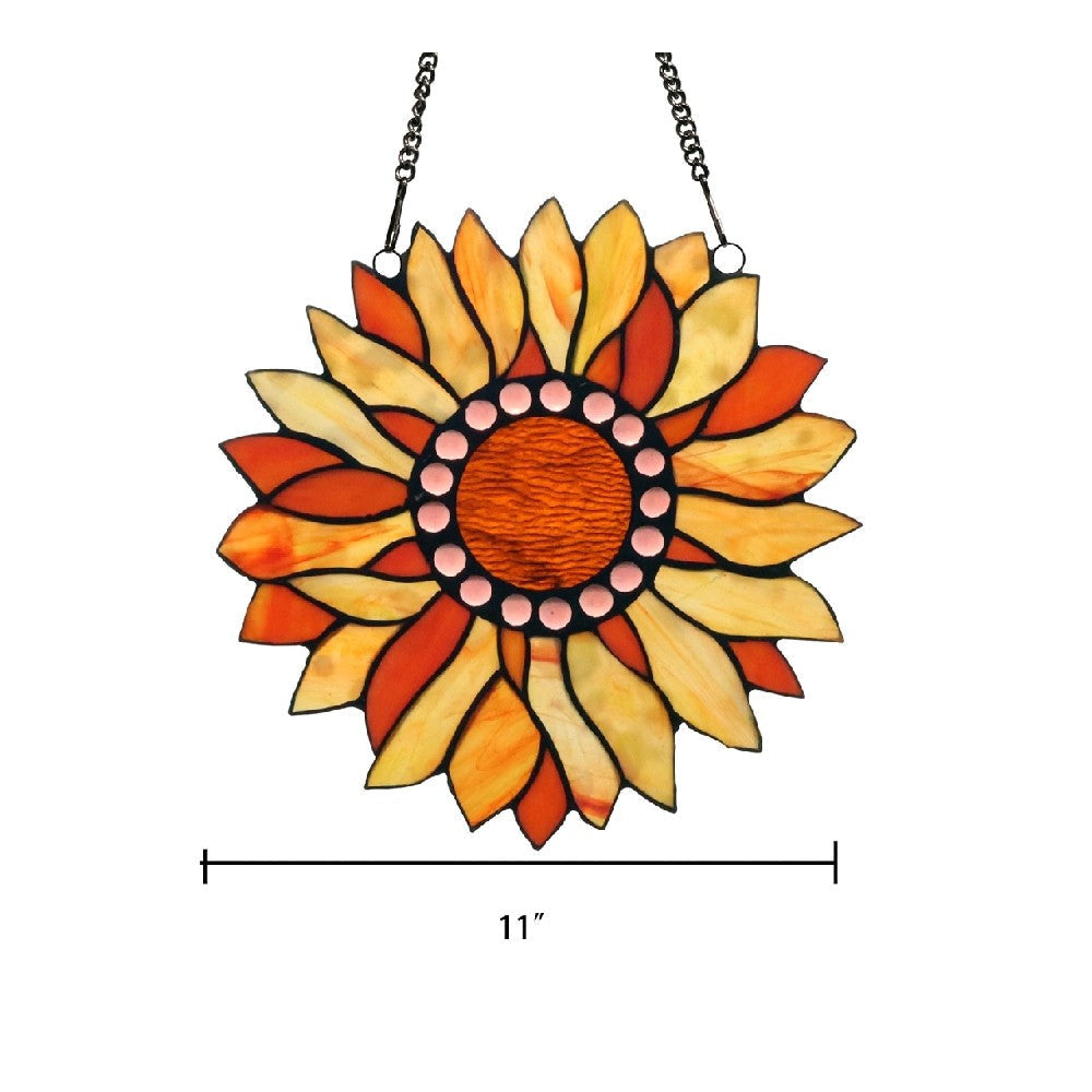 CHLOE Lighting SUNDANCE Tiffany-style Floral Stained Glass Window Panel 11’’ Height CHL-CH3P223BF11-RND