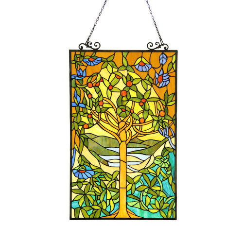32 Inch Tree Design Tiffany Style Glass Window Panel, Multicolor