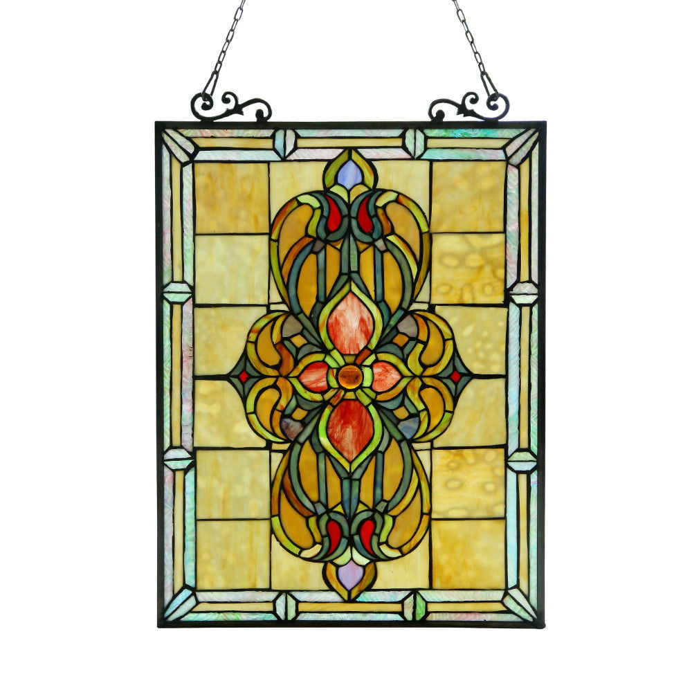 25 Inch Rectangular Glass Window Panel with Victorian Motifs, Multicolor