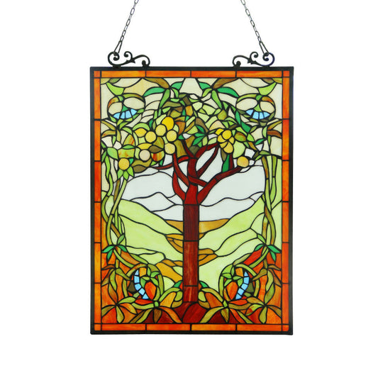 25 Inch Tree Design Tiffany Style Glass Window Panel, Multicolor