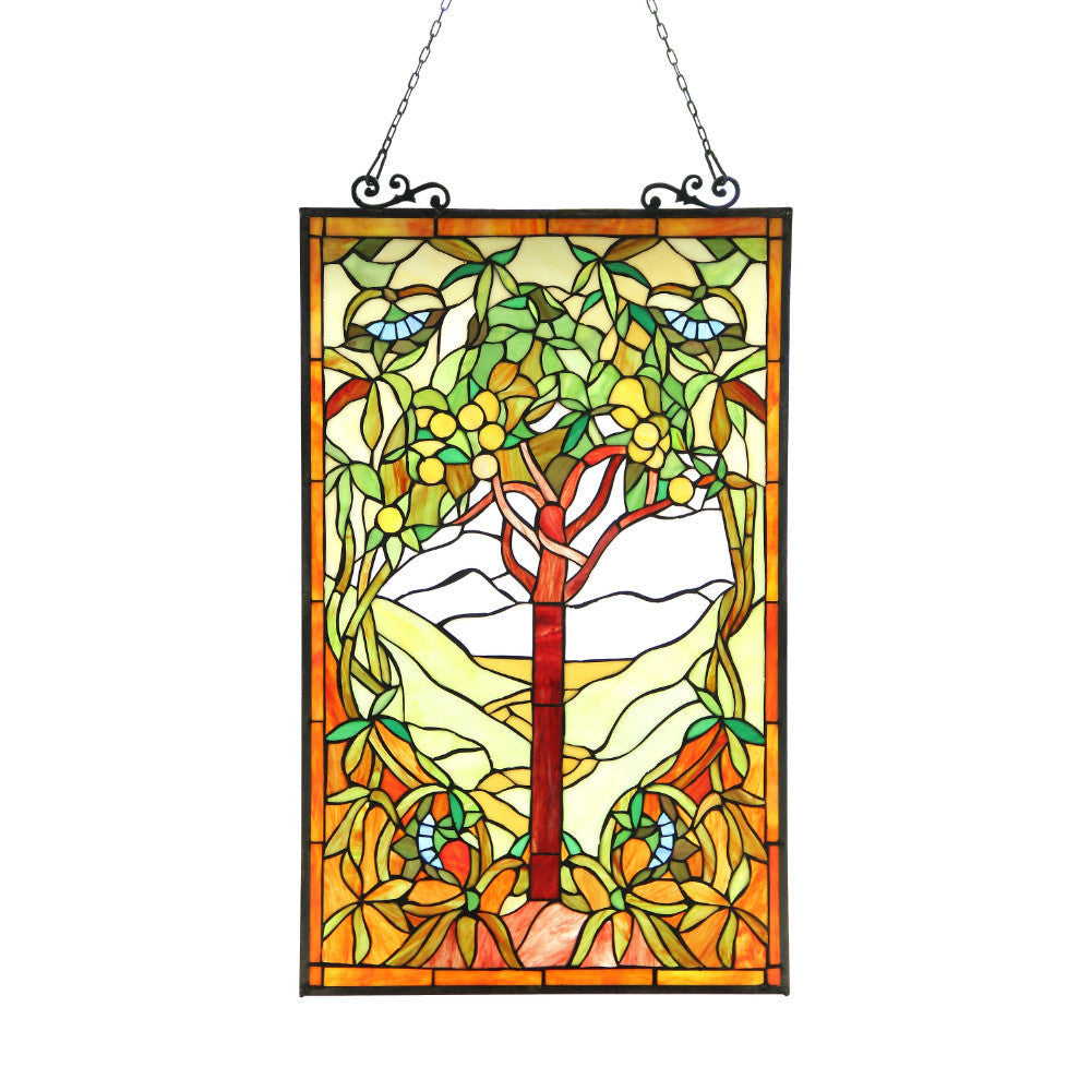 32 Inches Tree Design Tiffany Style Glass Window Panel, Multicolor