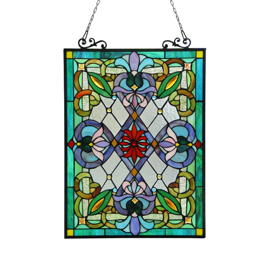 25 Inch Damask Tiffany Style Glass Window Panel, Multicolor