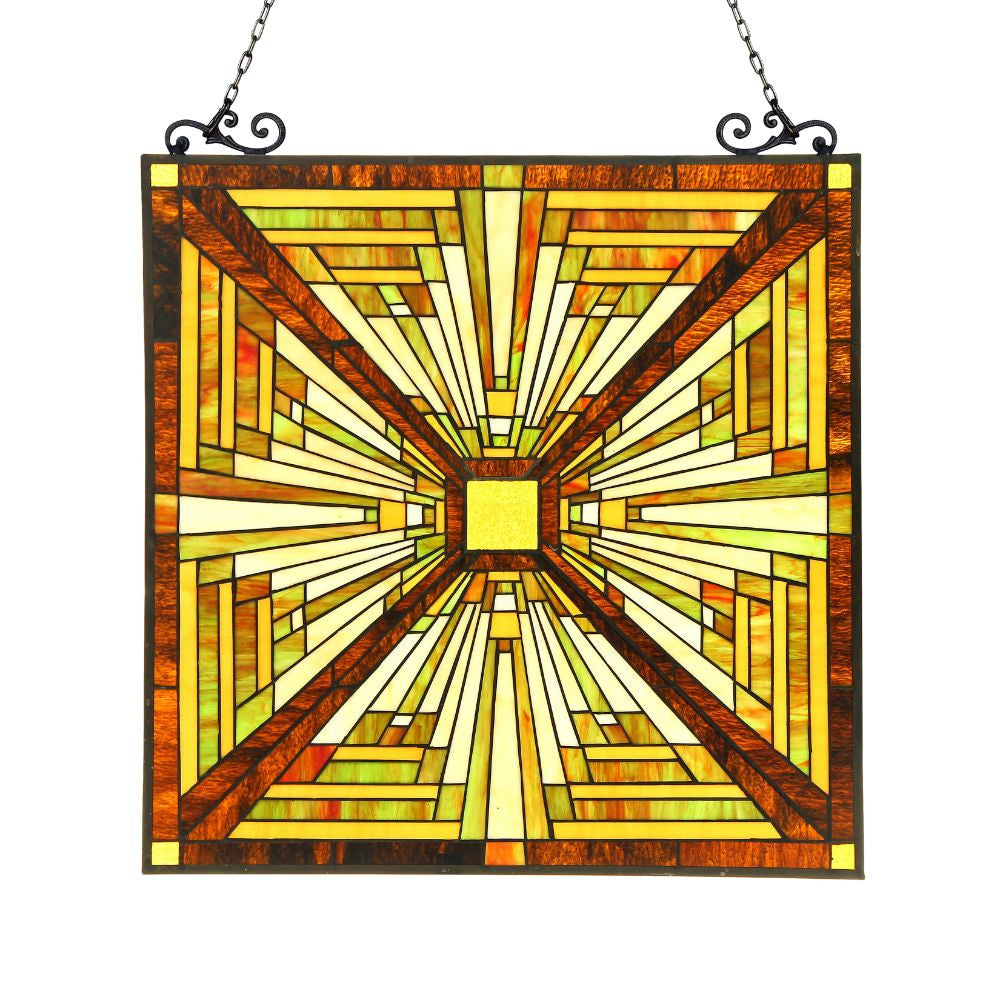 26 Inch Tiffany Style Glass Window Panel, Brown and Yellow