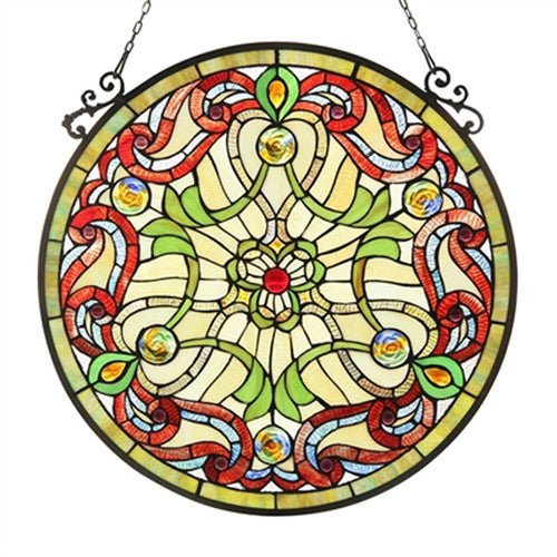 23.5 Inch Round Damask Tiffany Glass Window Panel, Multicolor