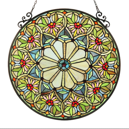 23.5 Inch Round Floral Tiffany Glass Window Panel, Multicolor