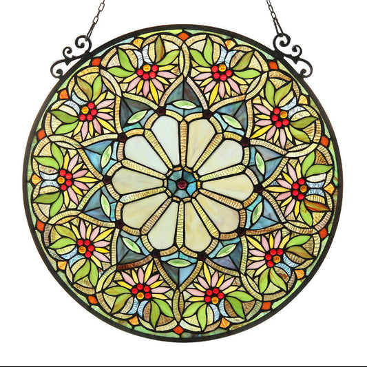 23.5 Inch Round Floral Tiffany Glass Window Panel, Multicolor
